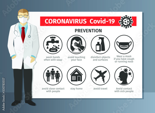 Doctor on the background of a medical poster. Prevention of the coronovirus Covid-19. How to protect yourself. The outbreak in the world. Pandemic disease. Vector illustration, icons.