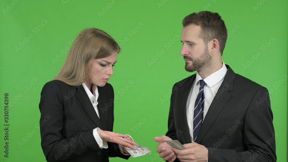 The Male and Female Business Professionals Arguing About Money Against Chroma Key The Male and Female Business Professionals Arguing About Money Against Chroma Key