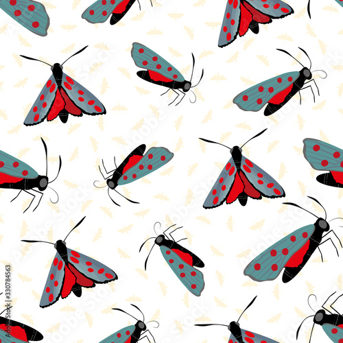 Six spot burnet butterfly seamless vector pattern background. Day flying moth illustration.Scottish coastal insect repeat backdrop. All over print for Scotland summer, wildlife, conservation concept. photo