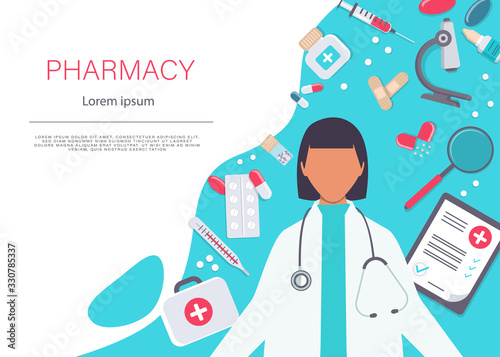 Pharmacy vector elements. A female pharmacist is showing medicine. Pharmacy icon set. Pharmacist showing prescription with lot of medicine vector