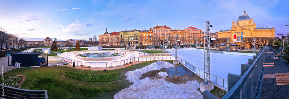 Tomislav square in Zagreb ice skate park advent evening panoramic view