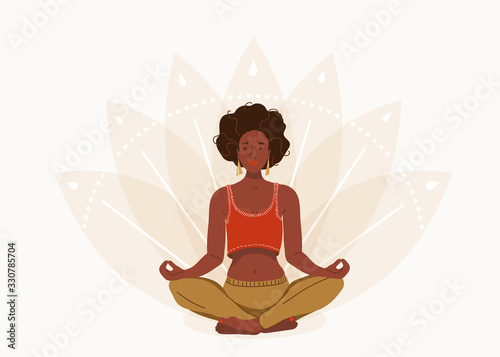 African young woman sitting in yoga lotus pose. Happy relaxed black girl performing meditation exercise. Vector illustration background in flat cartoon style