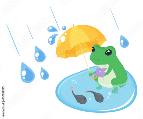 かえるのとおたまじゃくしのイラスト_雨