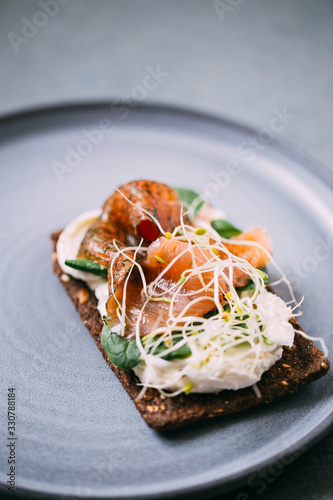 Danish smorrebrod on board. Restaurant food, traditional cuisine