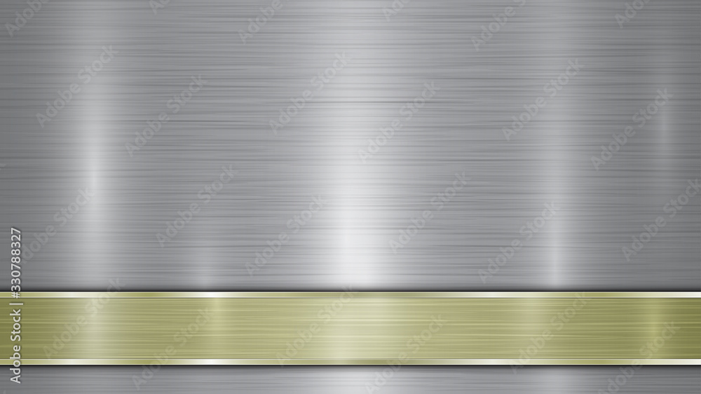 Background consisting of a silver shiny metallic surface and one horizontal polished golden plate located below, with a metal texture, glares and burnished edges
