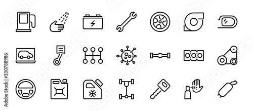 A simple set of car services related vector line icons. Contains icons such as oil, diagnostics, turbine, steering wheel, chassis, gearbox and much more. Editable move. 480x480 On a white background photo