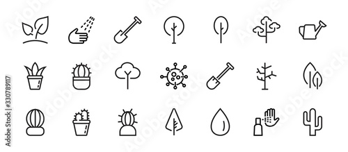 A set of Rosteniya Icons, and garden care, Vector illustration, Contains Icons such as tree, cactus, watering can, spade, flower and much more. on a white background, editable bar 480x480