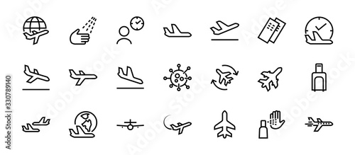 A simple set of airport related vector line icons. Contains badges such as departure, boarding, waiting time, boarding, find a place to travel tickets, and much more. Editable stroke. 48x48 pixels