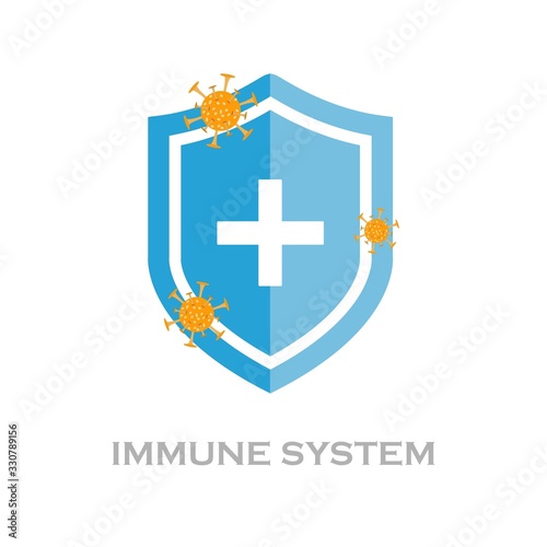 Immune system vector icon logo. Protection against bacteria health viruses. Medical prevention of human germs. Blue shield with a white cross and a virus on a white background. Vector illustration