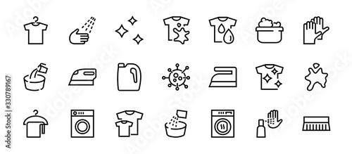 Simple set of washing related vector line Icons. Contains icons such as washing machine, powder, laundry, dirty t-shirt and much more. On a white background, editable stroke. 48x48 pixels perfect