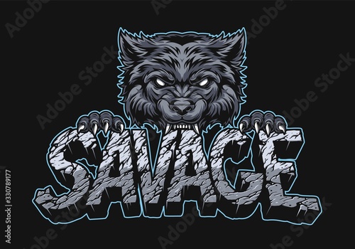 Aggressive wolf holding Savage inscription