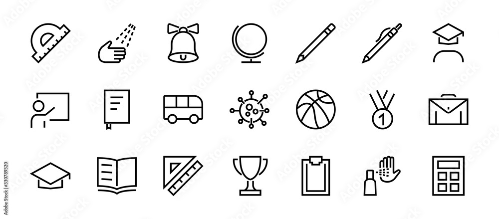 Naklejka premium A simple set of school items. Contains icons such as student, award, geography, physical education, geometry and more. On white background. Editable stroke. 480x480