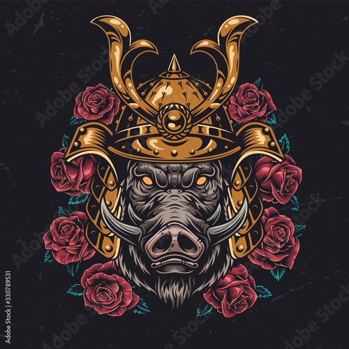 Angry wild boar head in samurai helmet