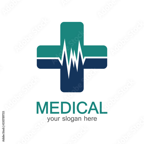 Medical logotype. Pharmacy colored plus cross in a soft shape. Tests, pharmaceutical sign with cardio scheme. Help and health care symbol. Branding identity with cross shape elements.