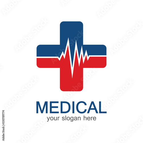 Medical logotype. Pharmacy colored plus cross in a soft shape. Tests, pharmaceutical sign with cardio scheme. Help and health care symbol. Branding identity with cross shape elements.