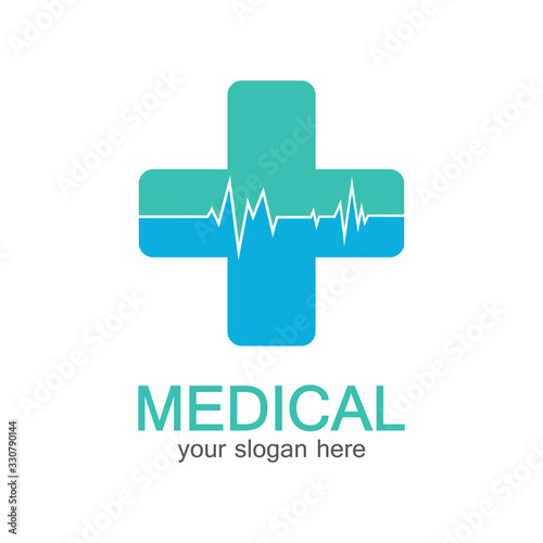 Medical logotype. Pharmacy colored plus cross in a soft shape. Tests, pharmaceutical sign with cardio scheme. Help and health care symbol. Branding identity with cross shape elements.