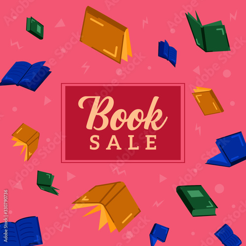 Book Sale Background Banner in Flat Style Cool Colors with Confetti