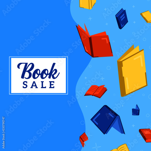Book Sale Background Banner in Flat Style Cool Colors with Confetti