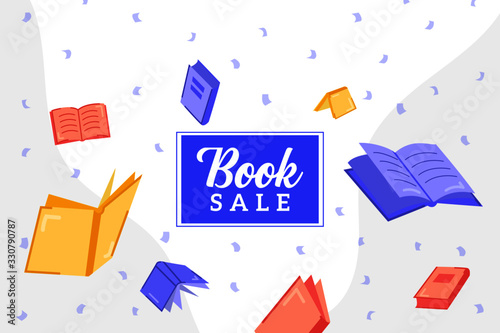 Book Sale Background Banner in Flat Style Cool Colors with Confetti