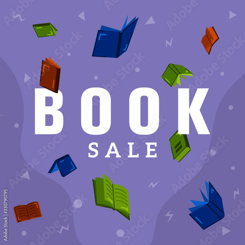 Book Sale Background Banner in Flat Style Cool Colors with Confetti