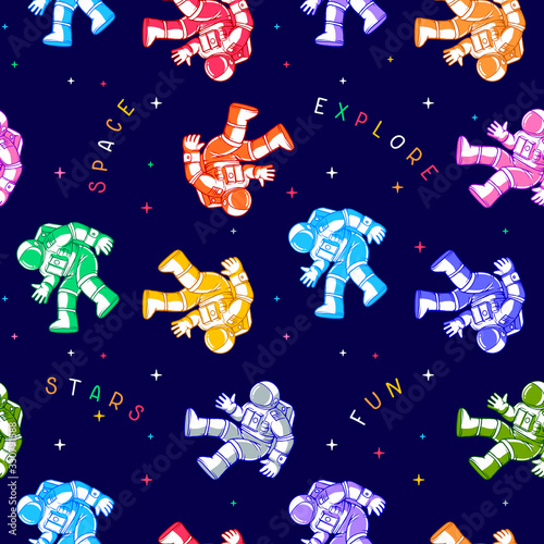 Vector creative seamless pattern with cosmonaut in spacesuit making spacewalk. Astronaut exploring outer space on dark background with star and word.