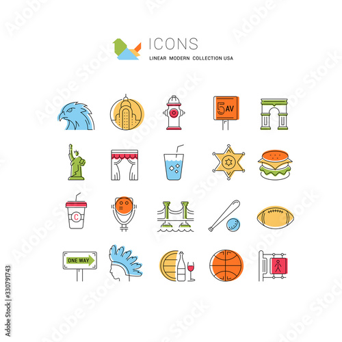 Set Vector Flat Line Icons USA and America