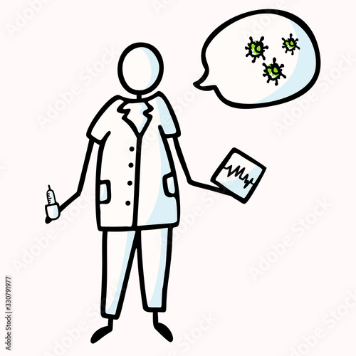 Corona virus covid 19 stick man doctor explainer infographic. Viral fever spread news alert. Educational thermometer chart graphic clip art. Icon black white. Vector flu safety caution awareness.  