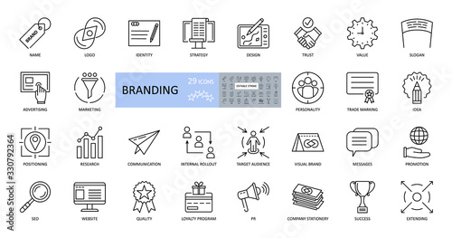 Branding icons. Set of 29 vector images with editable stroke. Includes name, logo, strategy, advertising, idea, slogan, trust, website, values, target audience, promotion, loyalty program, quality photo