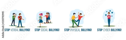 Stop verbal social physical cyber bullying set vector illustration. Encouragement quotes cartoon design. Swearword violence and harassment concept. Isolated on white background