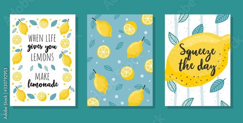 Summer cards set with lemons and lettering vector illustration. When life gives you lemons make lemonade and squeeze your day cartoon design. Inspirational quotes concept