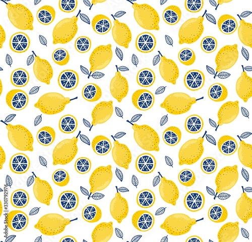 Summer seamless pattern with fresh bright juicy lemons vector illustration. Whole and half sour fruit flat style design. Organic and healthy food concept. Isolated on white background