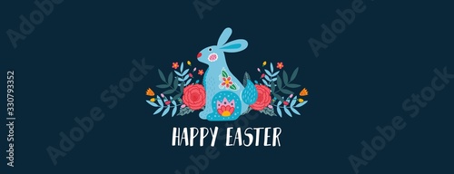 Happy easter greeting card or banner with bunny vector illustration. Blue rabbit with floral decorations flat style design. Handwritten lettering. Spring holiday concept