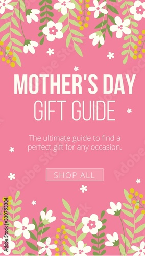 Mothers day gift guide banner on pink backdrop vector illustration. Perfect present for any occasion with floral decorations flat style design. Feminine celebration concept