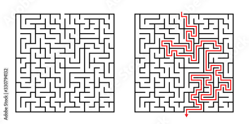Vector Square Maze - Labyrinth with Included Solution in Black & Red. Funny & Educational Mind Game for Coordination, Problems Solving, Decision Making Skills Test.