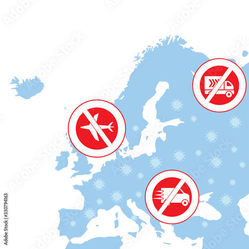 Silhouette of Europe prohibiting signs with different modes of transport. The concept of closing borders in connection with the spread of coronavirus.