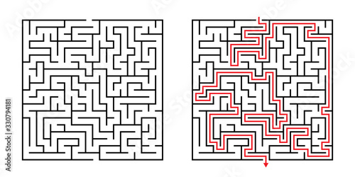 Vector Square Maze - Labyrinth with Included Solution in Black & Red. Funny & Educational Mind Game for Coordination, Problems Solving, Decision Making Skills Test.