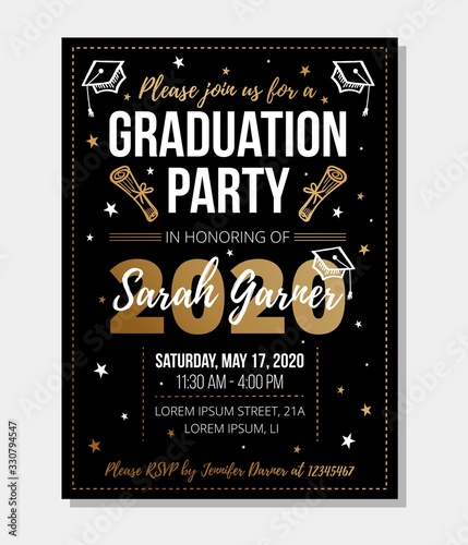 Graduation party template with bright decorations vector illustration. Finish of university or high school flat style. Festive event and traditional ceremony concept