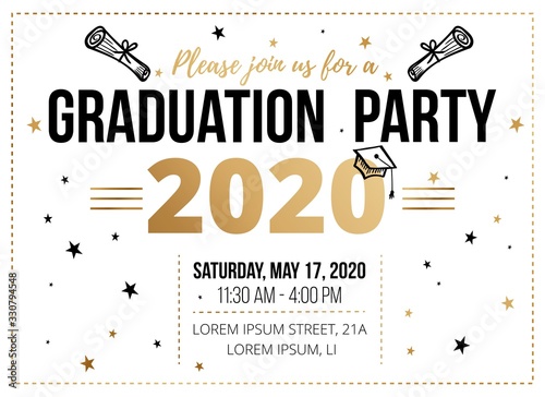 Graduation party invitation design template vector illustration. Decorated with stars paper and information about place, time flat style. Traditional ceremony about finish education concept