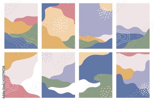 Set of abstract geometric backgrounds in pastel colours vector illustration. Modern graphic elements flat style. Trendy minimal design for logo or presentations concept