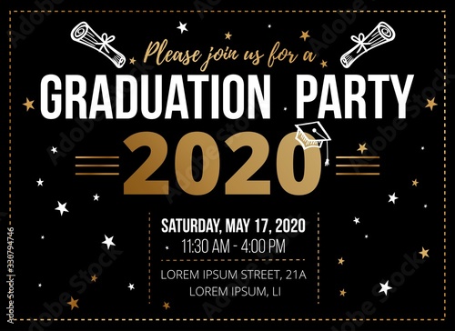 Graduation party design template on black vector illustration. Bright decorated invitation card with time and place information flat style. Finish of education concept