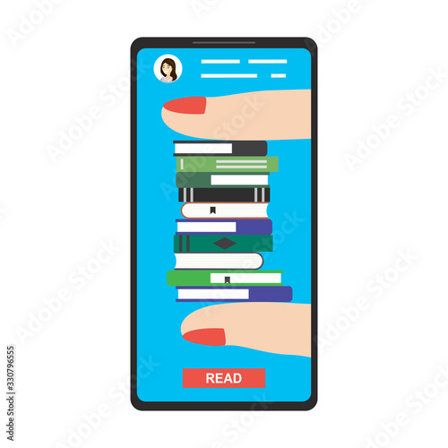 Modern smartphone with online library application. Fingers holding pile of various books. Reader app on cellphone screen