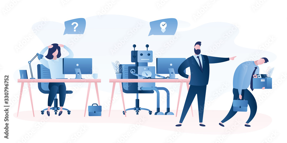 New robot on workplace. Unhappy and sad employees without job. Businesspeople characters and signs in trendy style New robot on workplace. Unhappy and sad employees without job. Businesspeople characters and signs in trendy style
