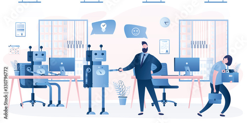 New robots on workplace. Unhappy and sad employee without job. Businesspeople characters in office interior.