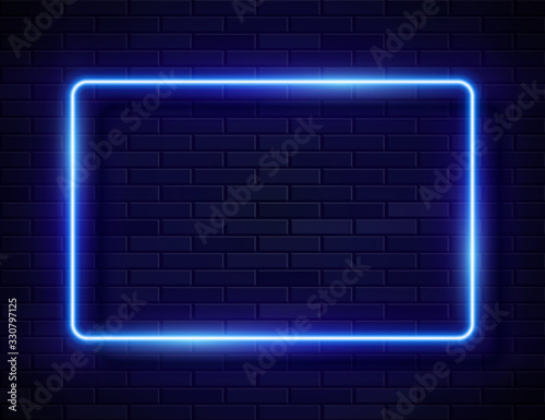 Neon Glowing Rectangle Frame for Banner on Dark Empty Grunge Brick Background