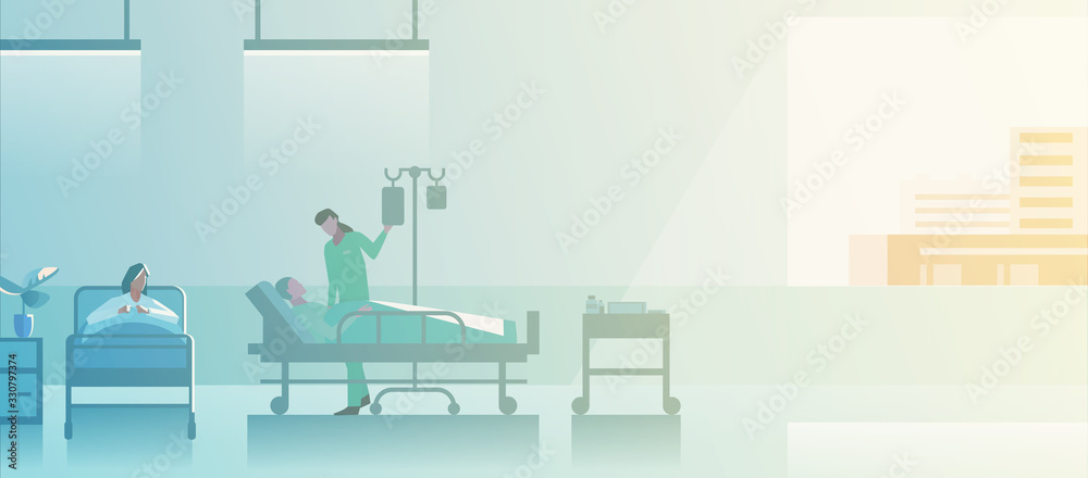 Doctor Nurse in medical ward with Patients on medical beds Flat vector  illustration. Medical Clinic Hospital interior collection. Stock Vector |  Adobe Stock