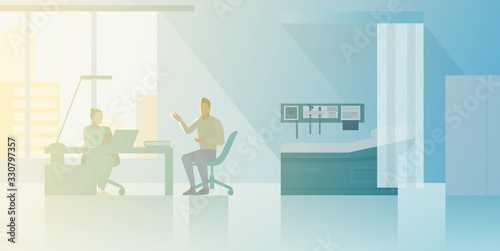 Reception at Therapist Orthopedist doctor's office Flat vector illustration. Doctor talking with Patient Medical Clinic interior collection.