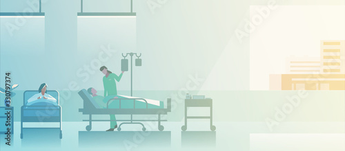 Doctor Nurse in medical ward with Patients on medical beds Flat vector illustration. Medical Clinic Hospital interior collection.