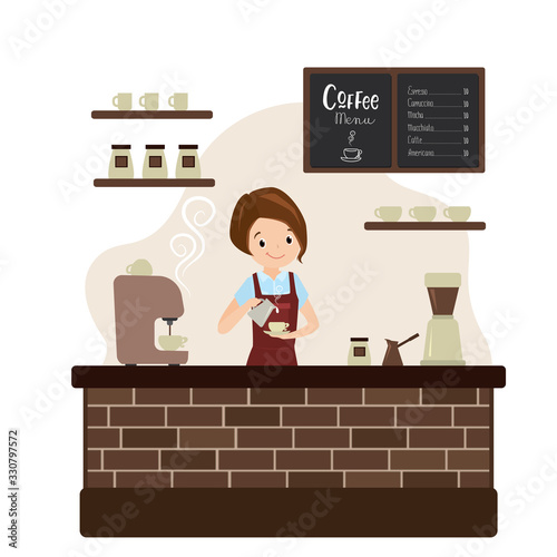 Female barista or waiter at the bar in the cafe,restaurant or coffee shop interior