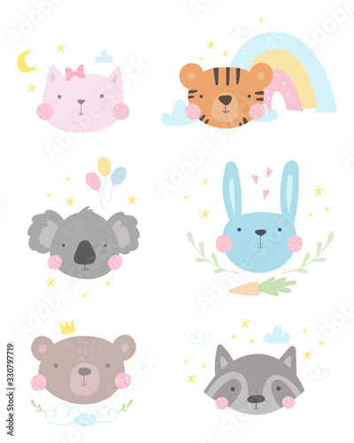Fototapeta Naklejka Na Ścianę i Meble -  Print for Baby Shower Invitation. Hand drawn cute print with cat, tiger, koala, raccoon, bunny, rabbit, bear. Print for Baby Shower Invitation