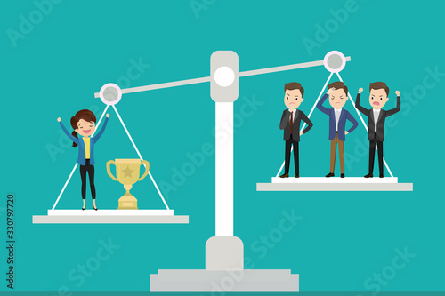 Businessmen on scales,female winner with a cup and male losers,